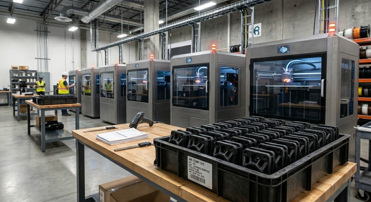 High-volume fleet of 3D printers producing industrial end-use parts in our Toronto facility
